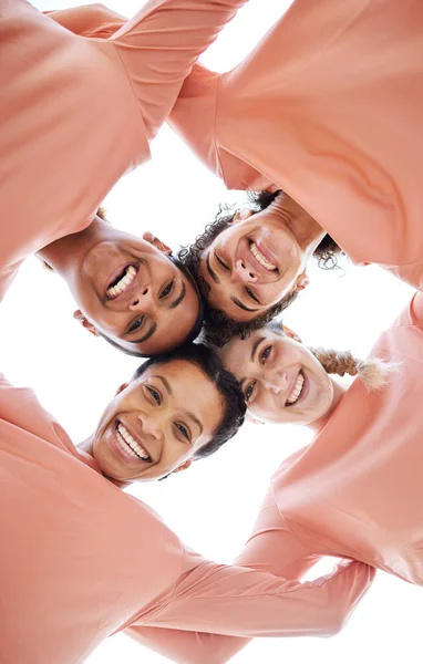 Feliz Diversidade Retrato Mulheres Círculo Baixo Com Parceria Unidade Comunidade — Fotografia de Stock