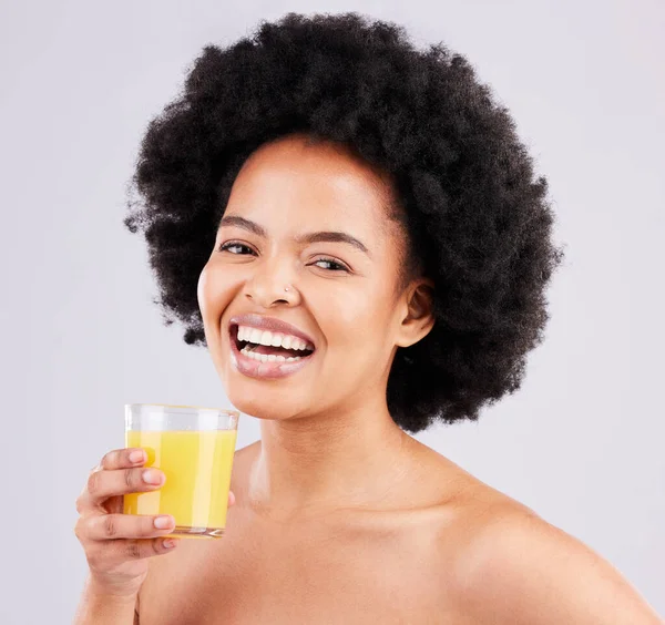 Orange Juice Studio Portrait Happy Black Woman Drink Glass Hydration — Stock Photo, Image
