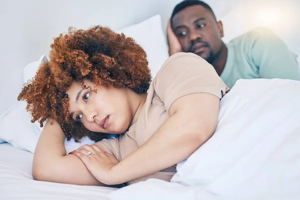 Bedroom Couple Conflict Sad Black Woman Morning Fighting Argument Relationship — Stock Photo, Image