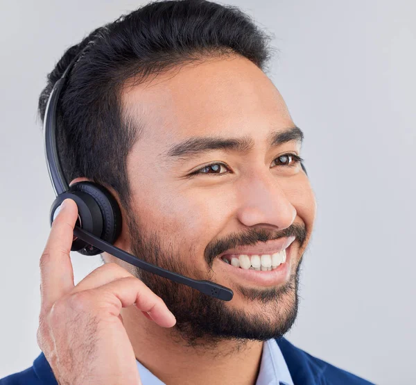 마이크 사람의 얼굴에 전화를 의사소통 워킹을 즐기라 Contact Customer Support — 스톡 사진