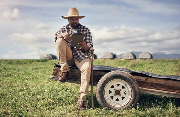 どこにもない中 テクノロジーはその場所を見つけました 農場で働いているときにデジタルタブレットを使って成熟した男性が — ストック写真