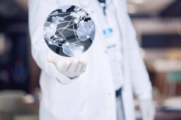 Hand, healthcare and hologram world with a doctor using ai technology to access the metaverse of data. Future, satellite and medical with a scientist holding a 3d interface of the global network.