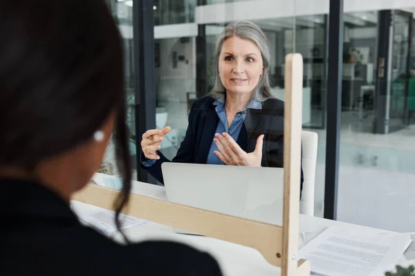 stock image When you minimise the risk you make anything possible. a mature businesswoman having a meeting with a sneeze guard in a modern office