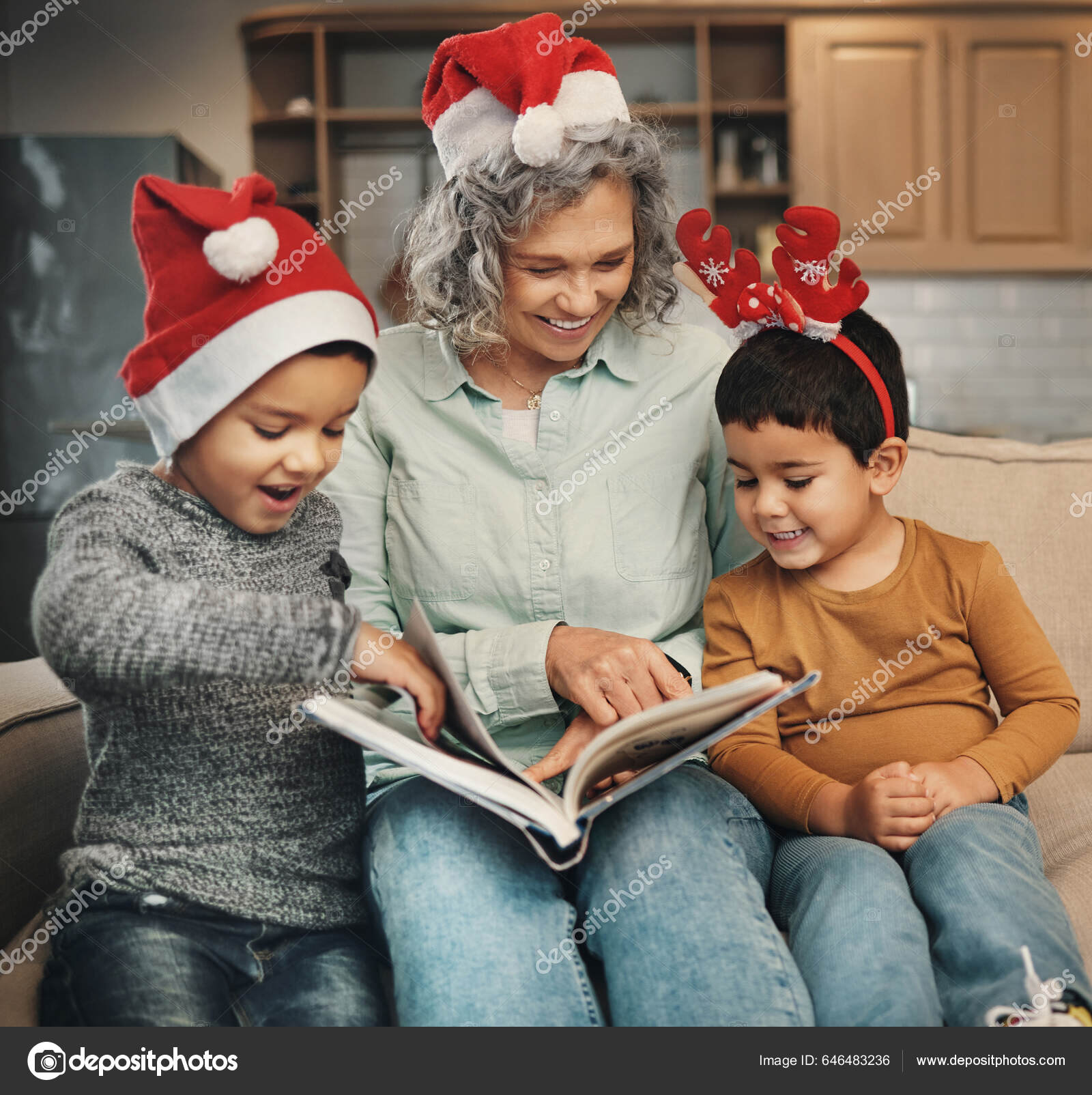 Christmas, photo album or kids with a senior woman and children
