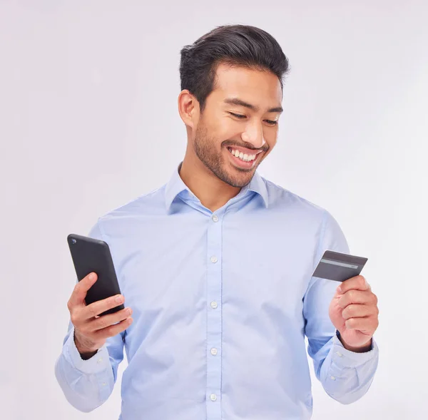 Άνθρωπος Smartphone Πιστωτική Κάρτα Και Χαμόγελο Για Ecommerce Fintech Και — Φωτογραφία Αρχείου