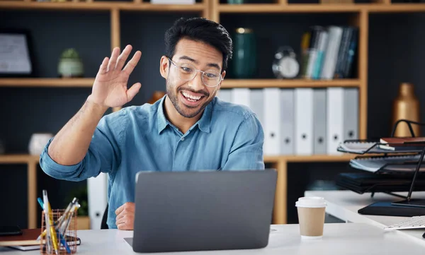 Happy Asian Man Laptop Smile Video Call Social Media Communication — Stock Photo, Image