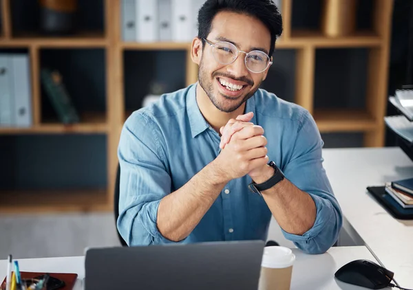 Asian man, portrait smile and small business finance or networking at office desk. Portrait of happy male analyst, financial advisor or accountant smiling in management for startup at workplace.