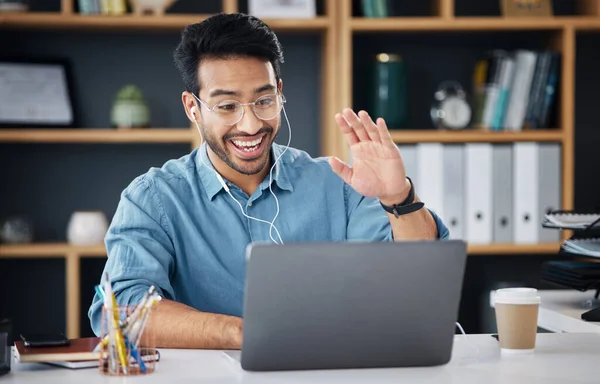Happy Asian Man Laptop Smile Video Call Communication Earphones Office — Stock Photo, Image