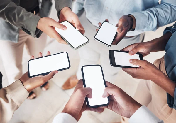 Smartphone Bildschirmattrappen Kreise Oder Hände Von Geschäftsleuten Sozialen Medien Die — Stockfoto