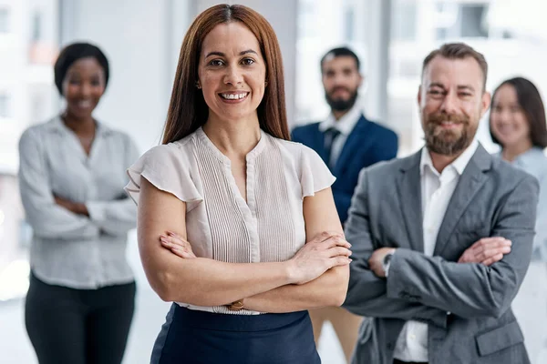 Excellence What Stand Team Portrait Businesswoman Standing Office Her Colleagues — Stock Photo, Image