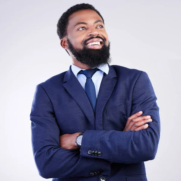 Чорний Чоловік Бізнес Мислення Студії Посмішка Натхнення Вирішення Фоні Щасливий — стокове фото