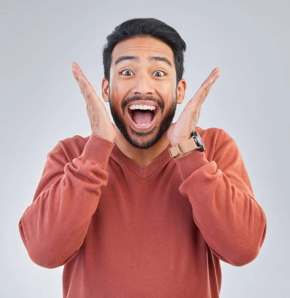 Verrassing Opgewonden Portret Van Mens Gelukkig Witte Achtergrond Met Emoji — Stockfoto