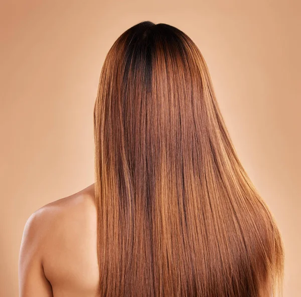 Péče Vlasy Krása Záda Ženy Rovnými Vlasy Studiu Izolovaných Hnědém — Stock fotografie