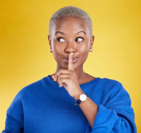 Secret Face Black Woman Finger Lips Studio Background Privacy Drama — Stock Photo, Image