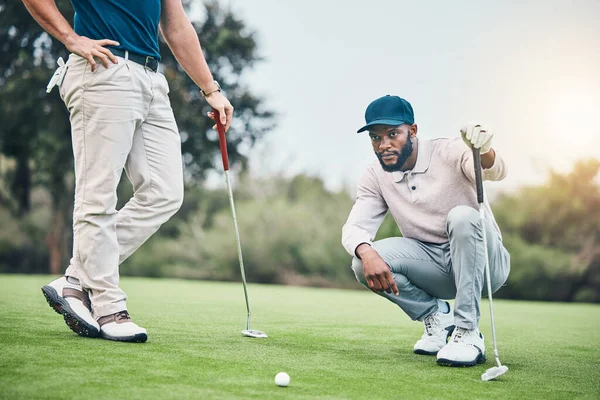 Planning, sports and golf with black man on field for training, competition match and thinking. Games, challenge and tournament with athlete playing on course for exercise, precision and confidence.