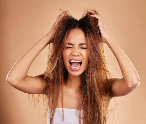 Kızgın Çığlık Atan Stüdyosunda Saç Dökülmüş Bir Kadın Kahverengi Bir — Stok fotoğraf