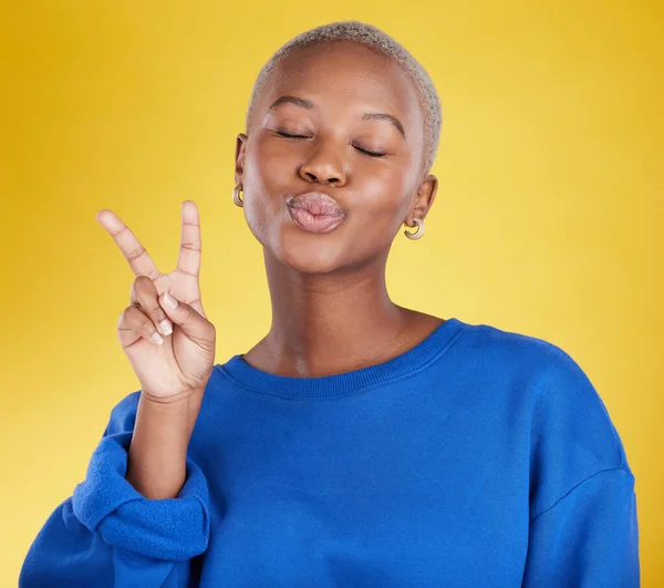 Happy Success Black Woman Peace Sign Support Cheerful Studio Background — Stock Photo, Image