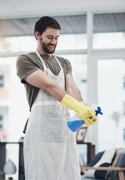 Get Bacteria Gets You Young Man Using Rubber Gloves Disinfectant — Stock Photo, Image