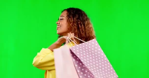 Torba Zakupy Twarz Szczęśliwa Kobieta Odizolowane Tle Studio Lub Zielony — Wideo stockowe