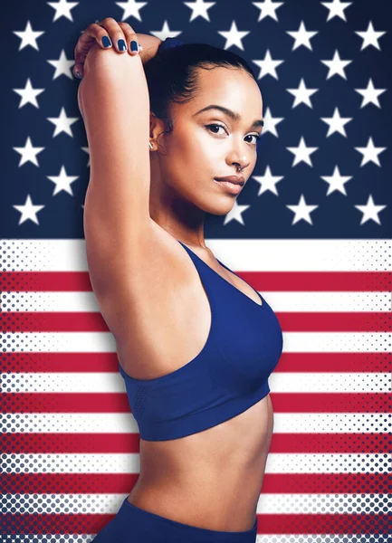 Sports, fitness and portrait of black woman with American flag background for international competition. Confidence, pride and female runner stretching for workout or marathon race at athletic games