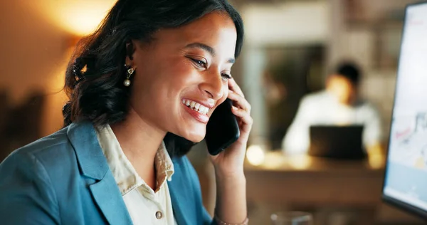 Phone call, smile and night with business woman at computer for planning, networking and digital marketing. Leadership, management and deal with employee in office for help, review and website.