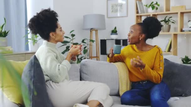 Kopi Percakapan Dan Teman Teman Perempuan Sofa Ruang Tamu Rumah — Stok Video