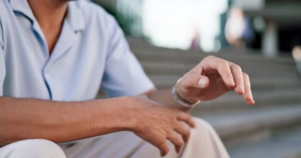 Hand Wrist Pain Arthritis Man Outdoor Sitting Steps Feeling His — Stock Video
