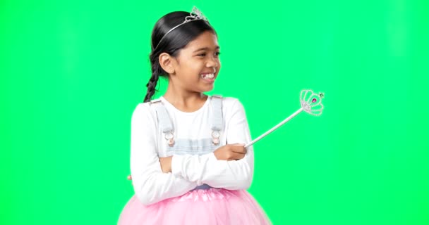 Niña Princesa Cara Estudio Pantalla Verde Con Sonrisa Felicidad Juego — Vídeos de Stock