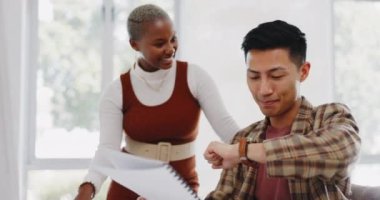 Question, time and business people fist bump in office for teamwork, unity or solidarity. Thank you, celebration hand gesture and collaboration of employees, black woman and Asian man checking watch