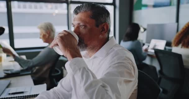 コーヒー オフィス シニアビジネスマンは プロジェクトに取り組み インターネット上で企業研究を行っています 暖かい飲み物とタイピング管理レポートを飲む専門家 コンピュータとシニア男性マネージャー — ストック動画