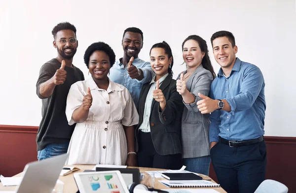 Youre doing a sterling job. Portrait of a diverse group of businesspeople showing thumbs up together in an office