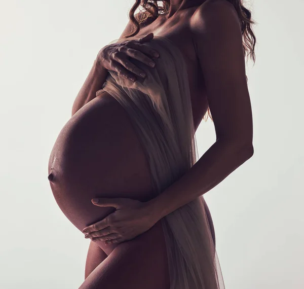 Terhes Szövet Gyomorban Stúdióban Kézzel Érintés Művészet Fehér Háttér Terhességi — Stock Fotó