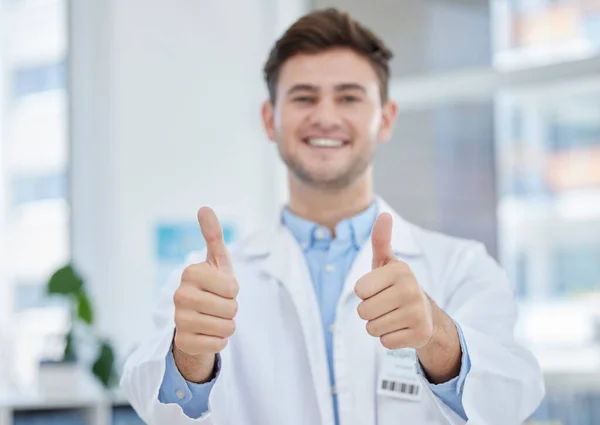 Medical Thumbs Portrait Happy Doctor Hand Gesture Sign Excited Good — Stock Photo, Image