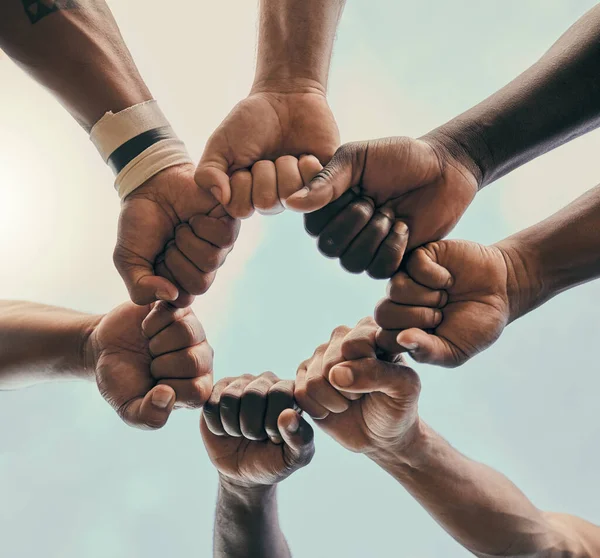 Hands Fist Unity Sports Team Standing Huddle Solidarity Motivation Game — Stock Photo, Image