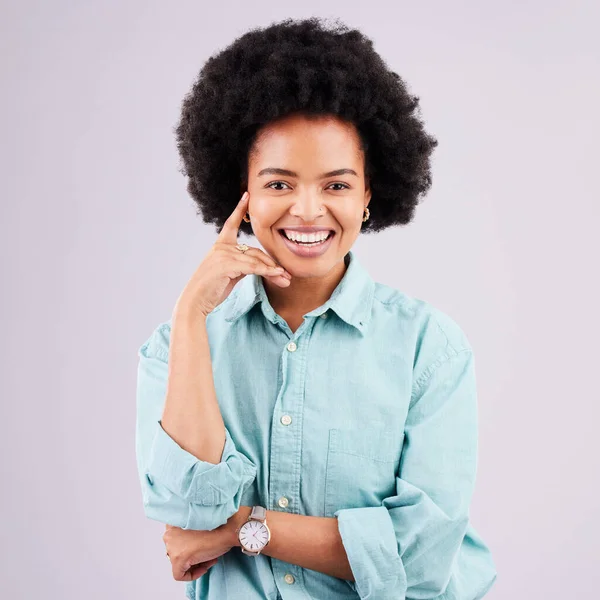 Black woman, studio portrait and smile with afro, happiness hand gesture for thinking, mindset and confidence. Happy african, girl and model with motivation, fashion and young by white background.