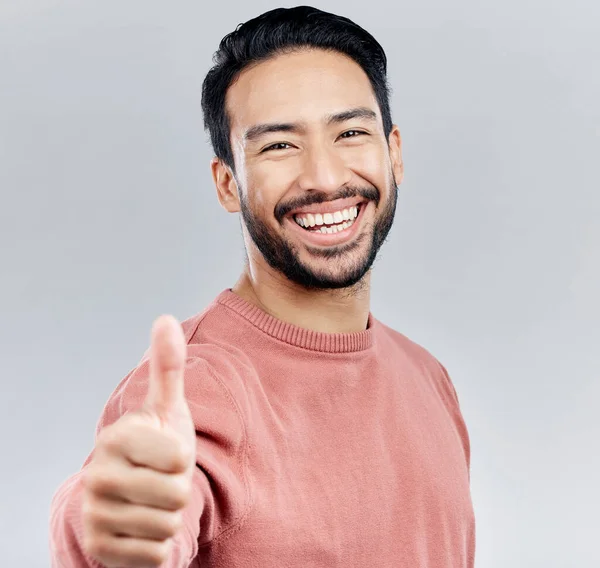 Aziatische Man Portret Glimlach Duimen Omhoog Voor Succes Goed Werk — Stockfoto