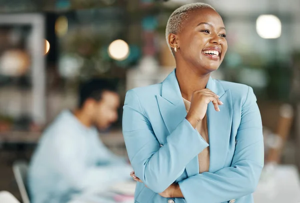 Happy Confident Arms Crossed Black Woman Office Leadership Management Laughing — Stock Photo, Image