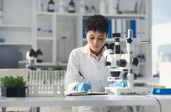 結果を出す時間だ 魅力的な若い女性科学者が研究室で顕微鏡や植物を使いながら — ストック写真