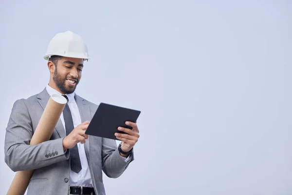 Engineer Tablet Man Construction Site Development Mockup Architecture Technology Happy — Stock Photo, Image
