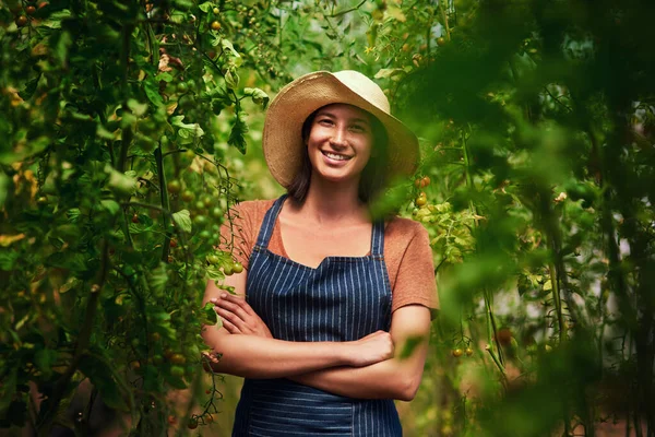 这星期的任何一天我都会为大自然母亲工作 一位年轻貌美的女农场主的画像 她在农场的田里抱着胳膊 站在户外 — 图库照片