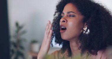 Face, tired and business woman yawning in office on night shift. Fatigue yawn, working late and black woman, employee and female with burnout, exhausted or insomnia, sleepy or overworked in workplace.