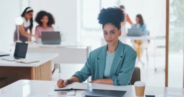 Face, writing or black woman in office building working on hr administration with a happy smile at office desk. Portrait, focus or African employee working or planning a mission or goals for success.