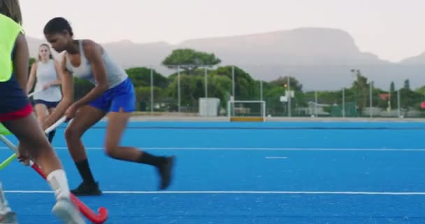 Diverse Team Young Field Hockey Players Playing Astroturf Game Young — Stock Video