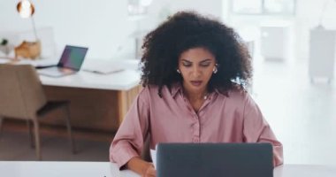 Black business woman, throw paper and laptop stress working on creativity planning, frustrated and web design strategy in office. African employee, angry and headache reading on digital tech device.