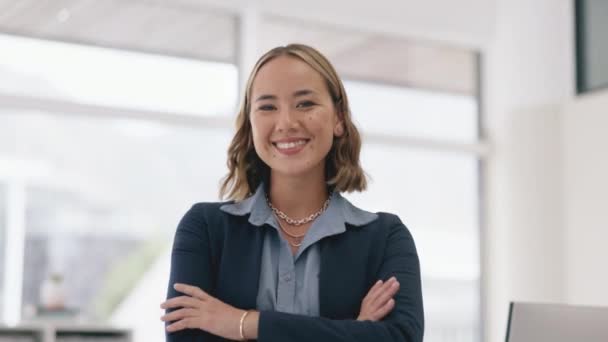 Feliz Sonrisa Mujer Negocios Oficina Para Mentalidad Profesional Confidencial Corporativa — Vídeos de Stock