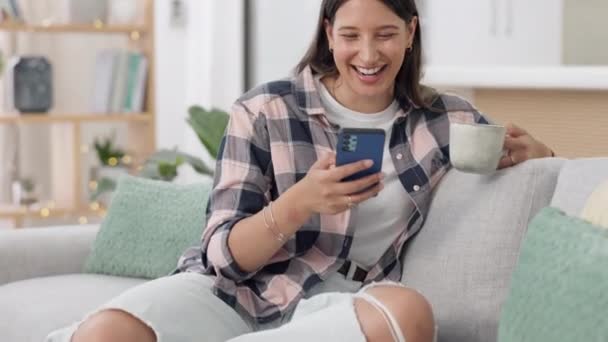 Komik Kanepedeki Kadın Akıllı Telefon Daktilo Etmek Gülümsemek Oturma Odasında — Stok video