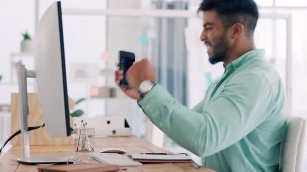 Phone Surprise Celebration Business Man Office Celebrating Good News Success — Stock Video