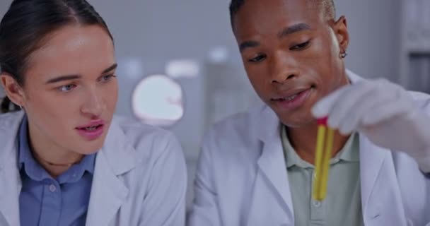 Homem Negro Tubo Teste Laboratório Com Conversa Trabalho Equipe Resultados — Vídeo de Stock