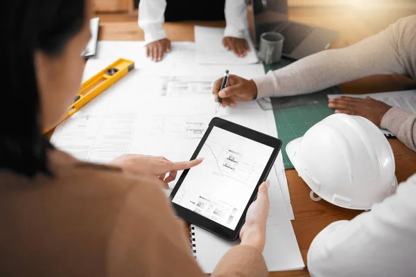 Tablet Floor Plan Engineering People Planning Project Management Teamwork Design — 스톡 사진