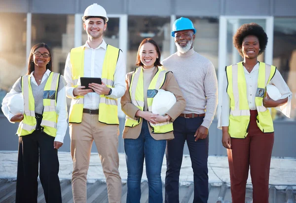 Group portrait of construction worker people, engineering or contractor team for career mindset, industry and building goals. Face of diversity employees and manager, industrial builder or architect.